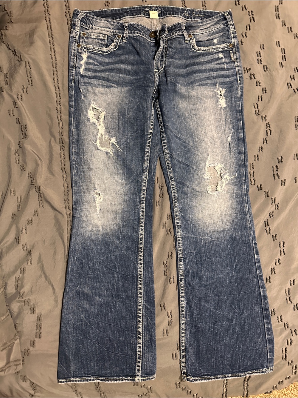 Silver Jeans Medium Blue Distressed Flare Jeans